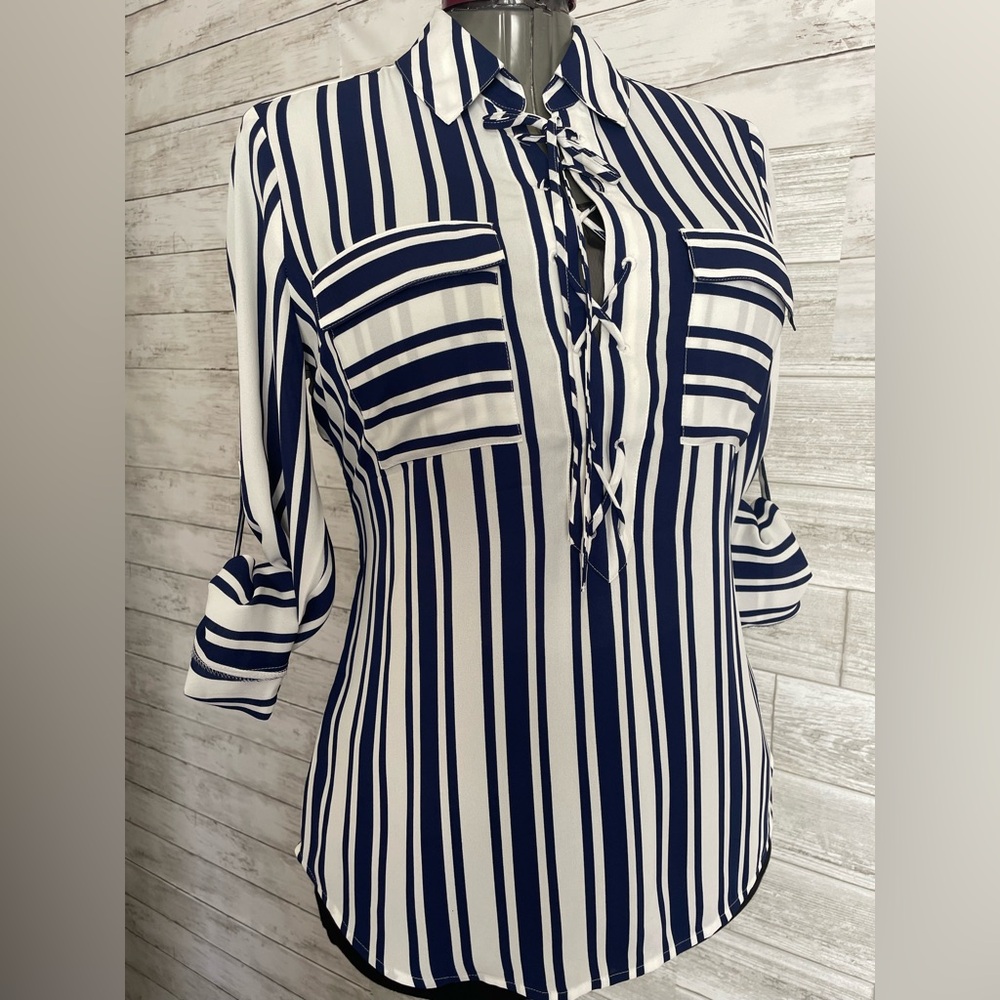 Navy and White Striped Women's Top